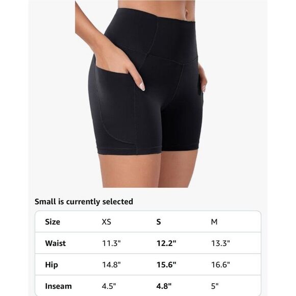 Oalka Shorts Solid Black Side Pockets High Waist Workout 4” Nylon Spandex Medium - Picture 7 of 8